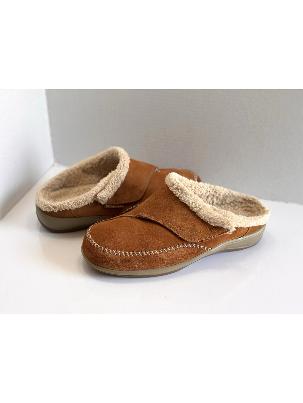 Orthofeet Charlotte Slippers Women 10.5 Wide Orthotic Brown Suede Faux Fur Lined